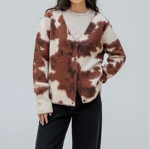 JADED LONDON Cow Chuck Brushed Knit Cardigan, Cow Print, Small